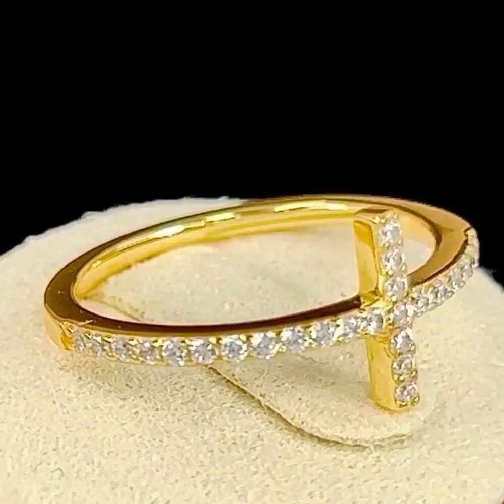 14k Yellow Gold Vermeil Sideways Cross Ring Sparkling CZ Pave Band New